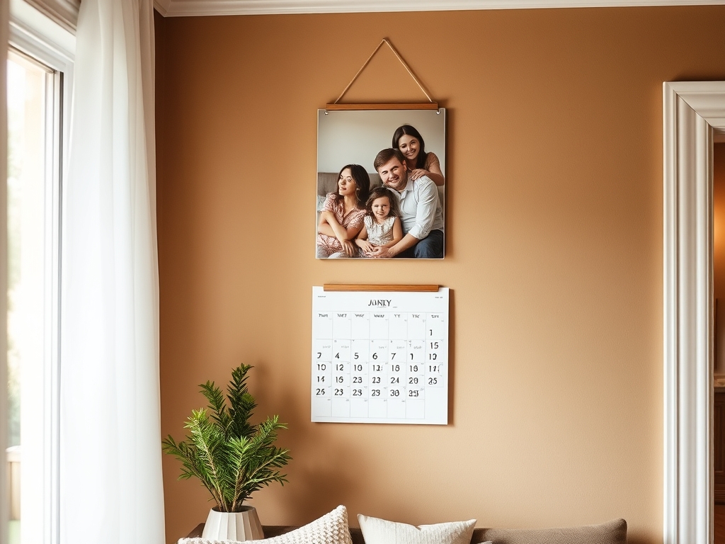 Photo wall calendar with a family portrait above a monthly date grid, hanging in a cozy room