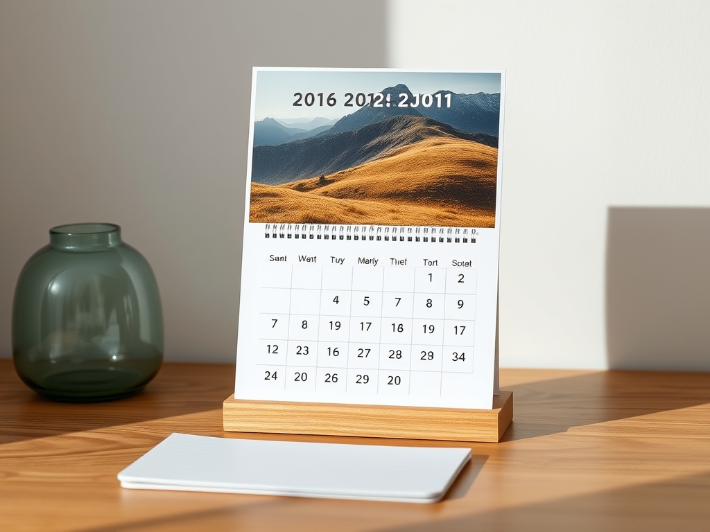 Desk photo calendar with a mountain photo above a compact month grid on a wooden desk