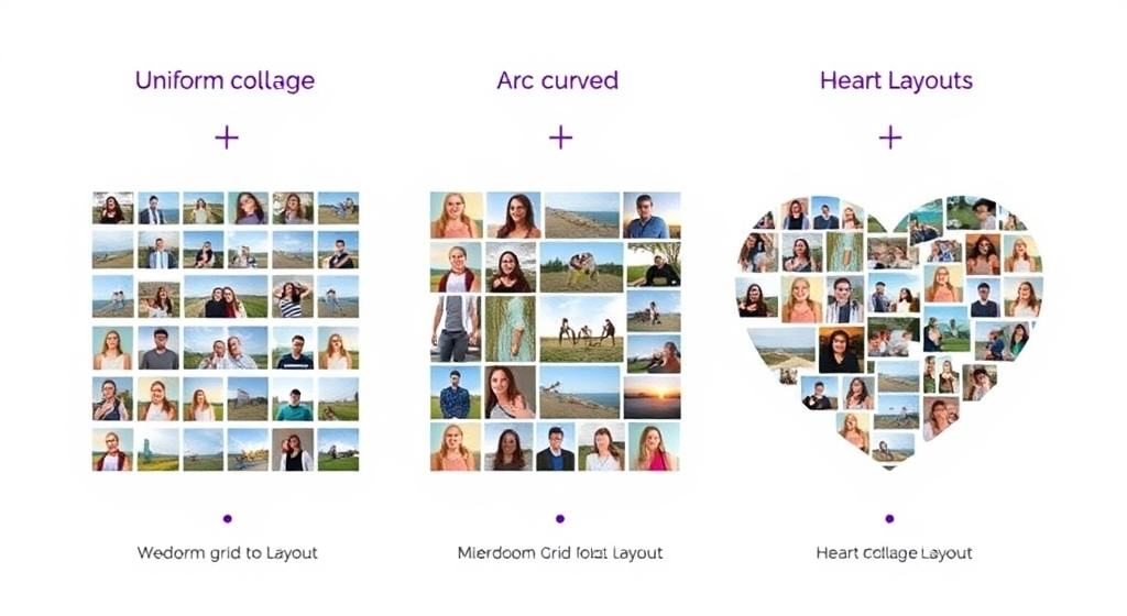 Three collage layout styles: uniform grid, arc curved, and heart-shaped