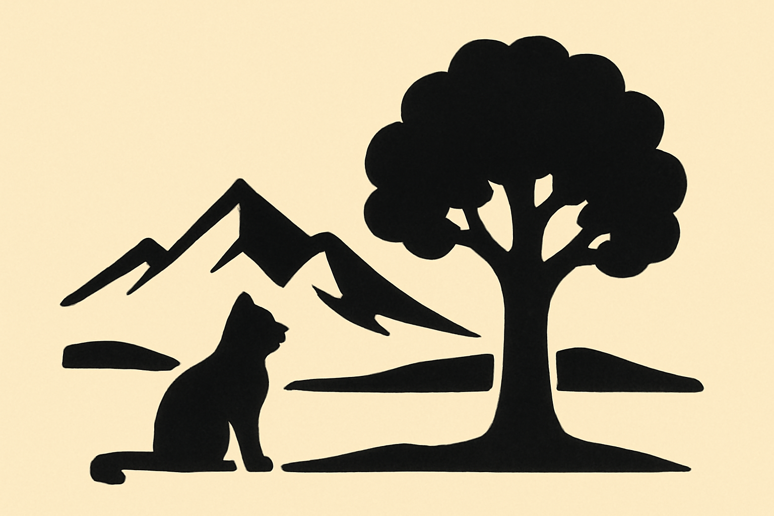 Black paper-cut silhouettes of a cat, mountains and a tree on a cream background