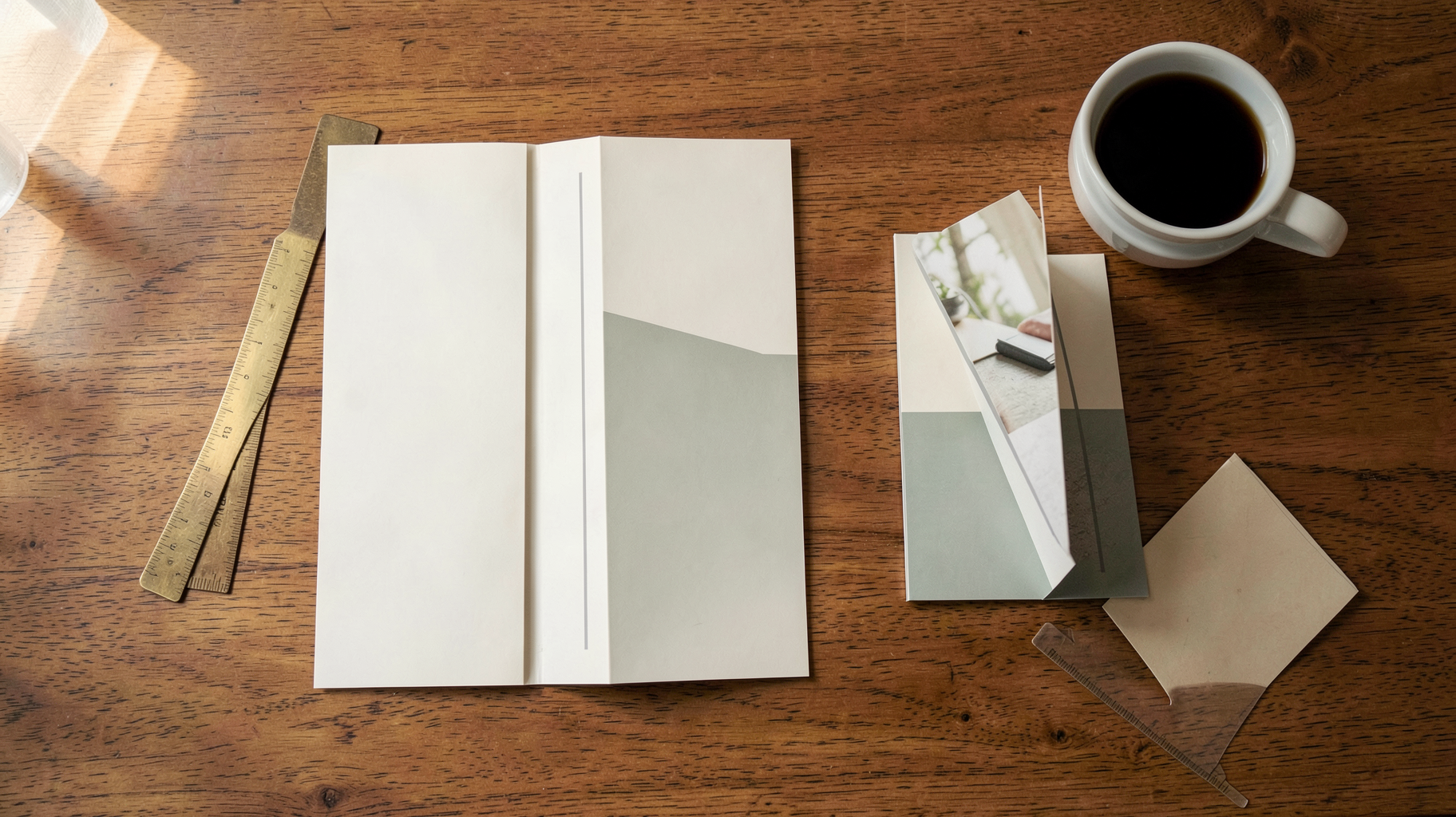 A tri-fold brochure lying flat and unfolded next to the same brochure folded into three panels, with a bone folder and ruler on a wooden desk