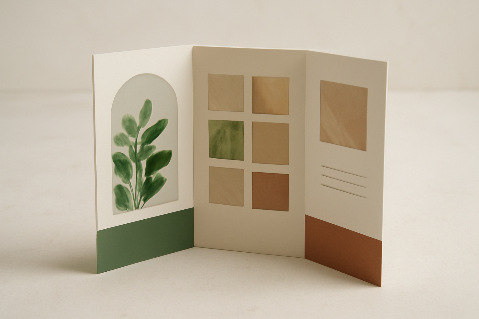 An open tri-fold brochure showing an arch-shaped photo panel on the left, a six-tile photo grid in the centre, and a single photo with a dotted border on the right