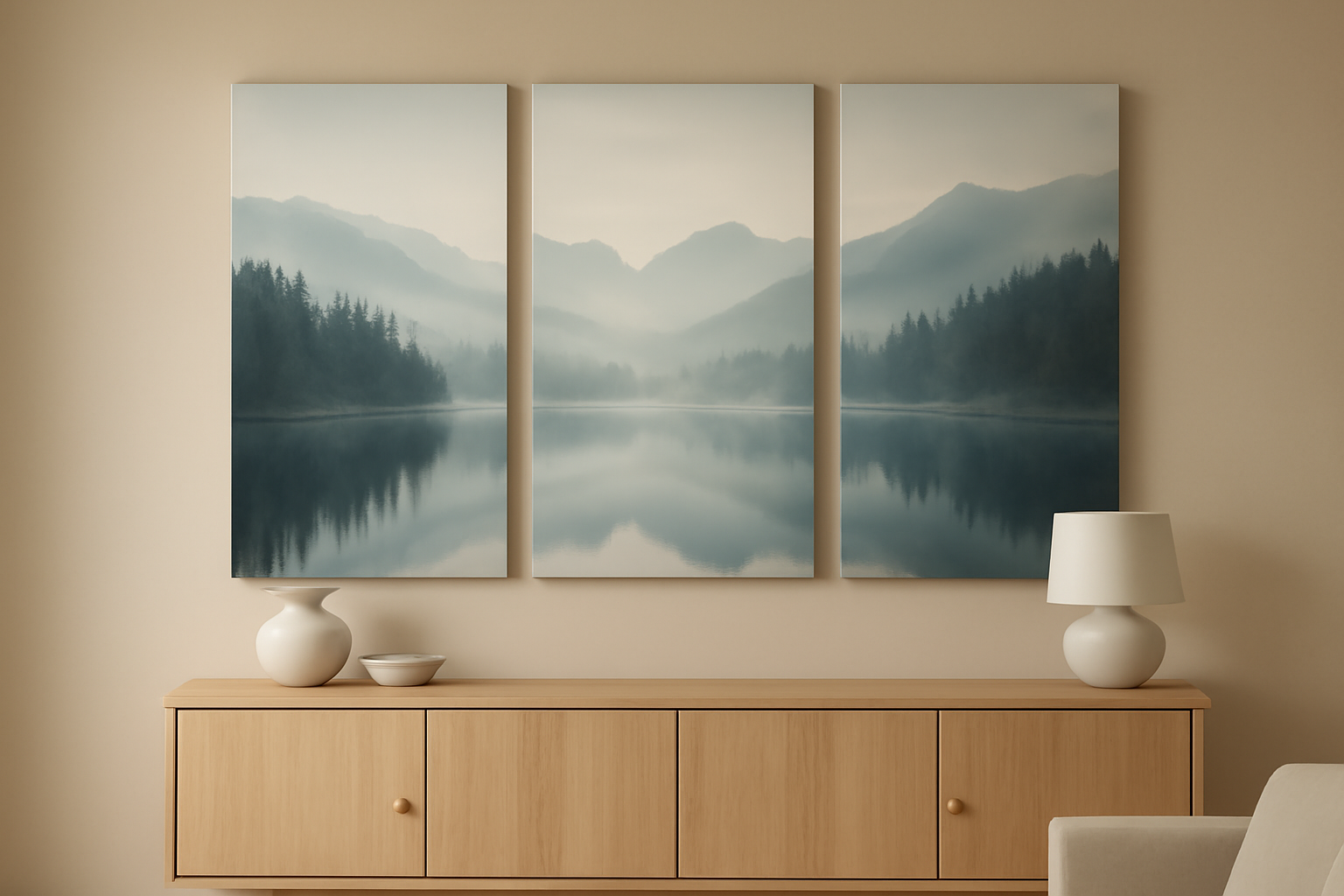 A three-panel canvas triptych of a misty mountain lake hung above a wooden sideboard