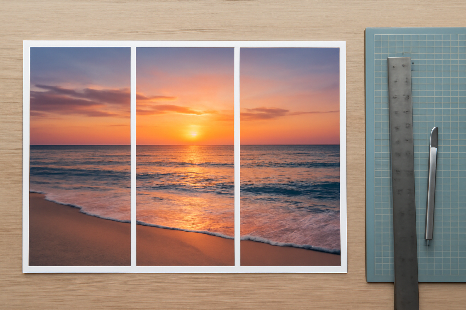 A beach sunset photo printed as three separate vertical panels on a craft table with a ruler and craft knife