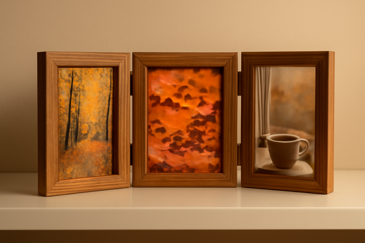 A folding wooden triptych photo frame on a shelf holding three autumn photos