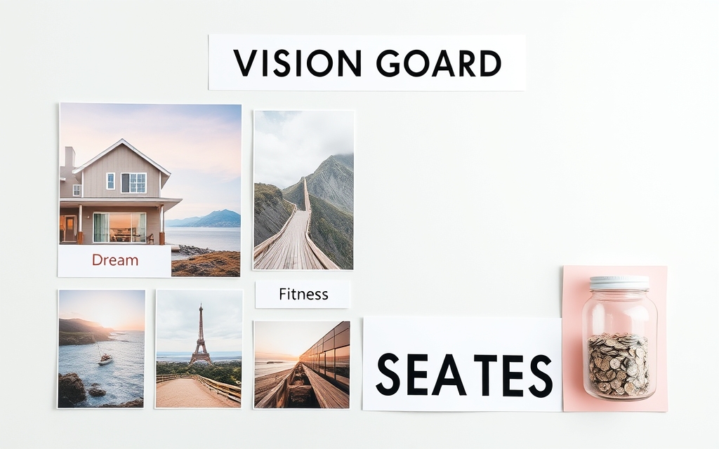 A vision board with photos of a dream house, travel and a savings jar under a