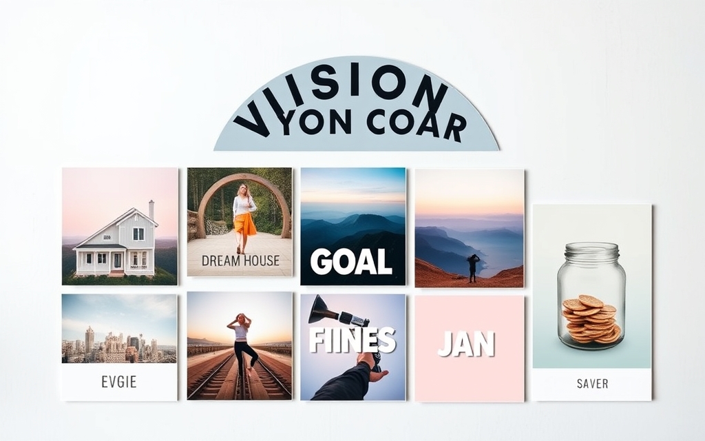 A digital vision board grid with goal photos, words and an arc banner across the top