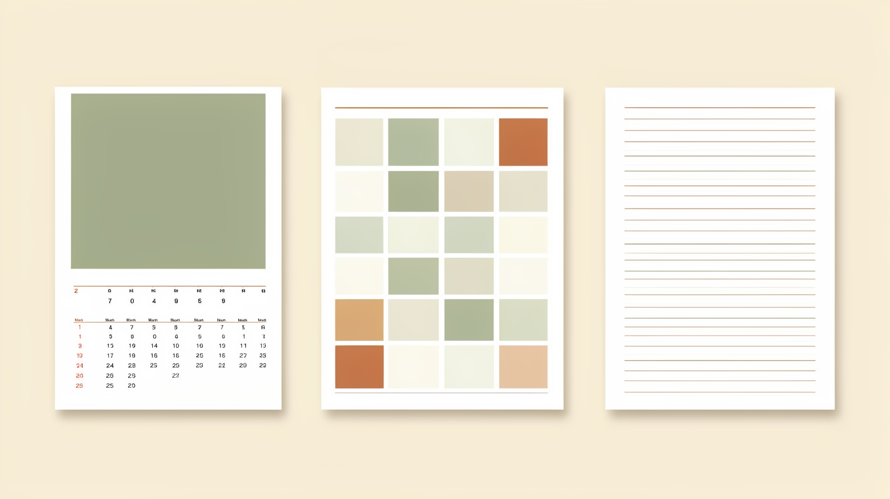 Three wall calendar formats side by side: a fold-over photo calendar, a year-at-a-glance grid, and a linear planner sheet