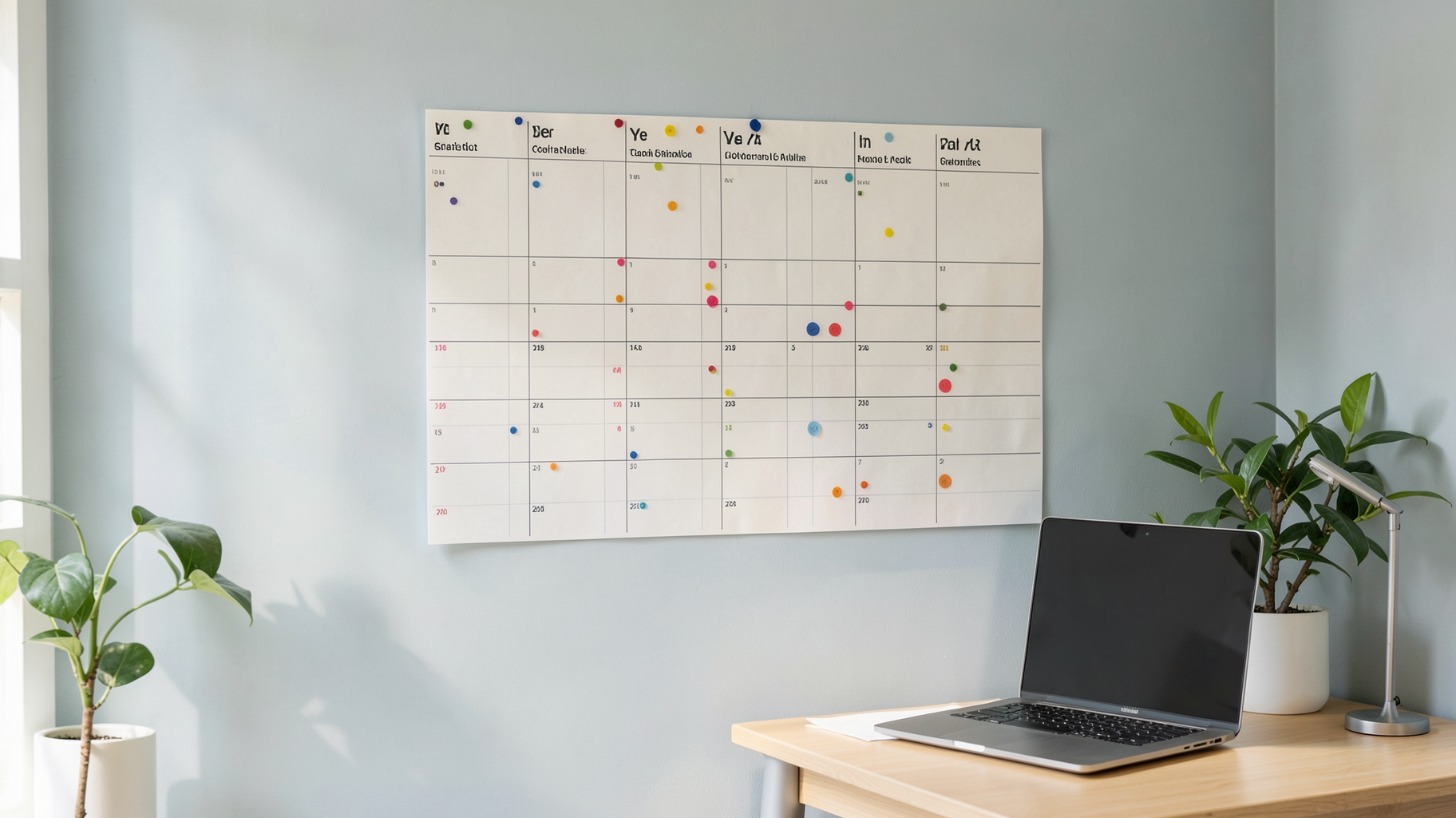 A large year-at-a-glance wall planner pinned to a home office wall next to a desk