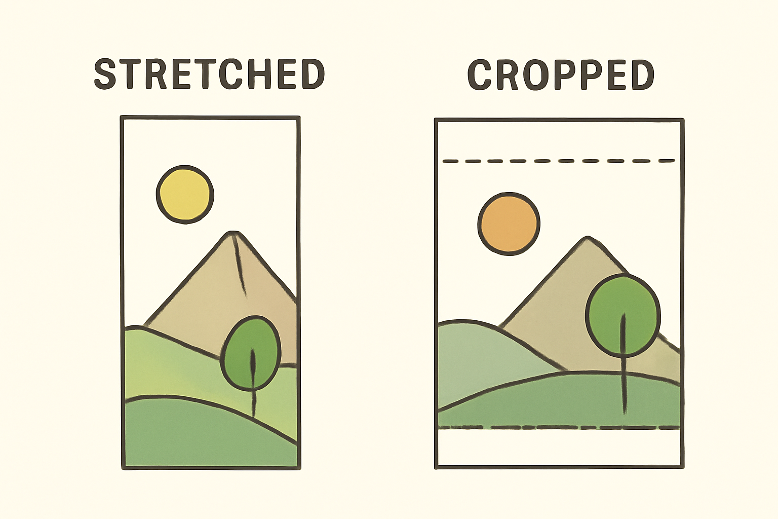 Diagram comparing a stretched landscape illustration to a correctly cropped one