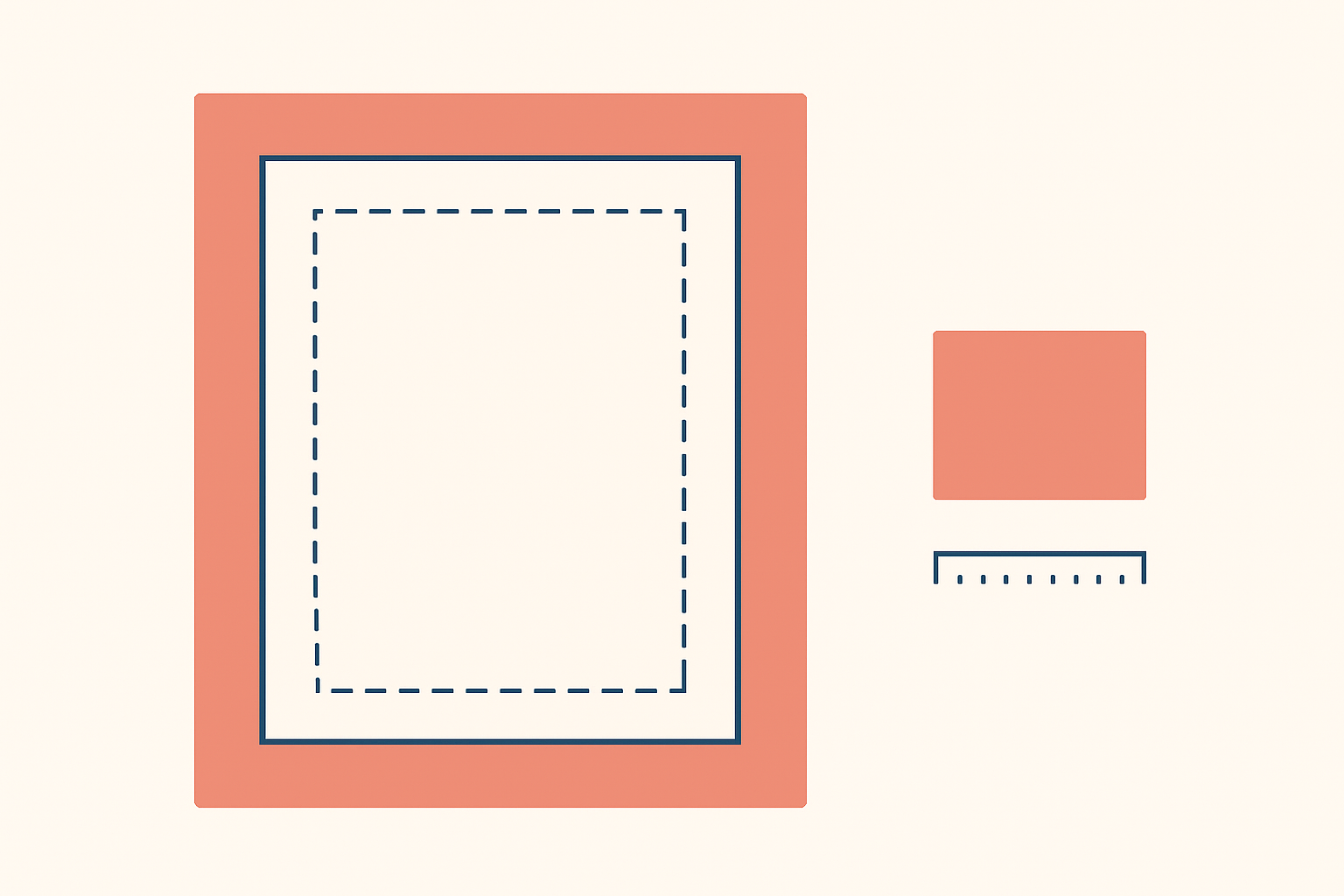 Diagram of a card artwork: a coral colour block extending past a solid navy cut line, with a dashed inner margin rectangle inside it