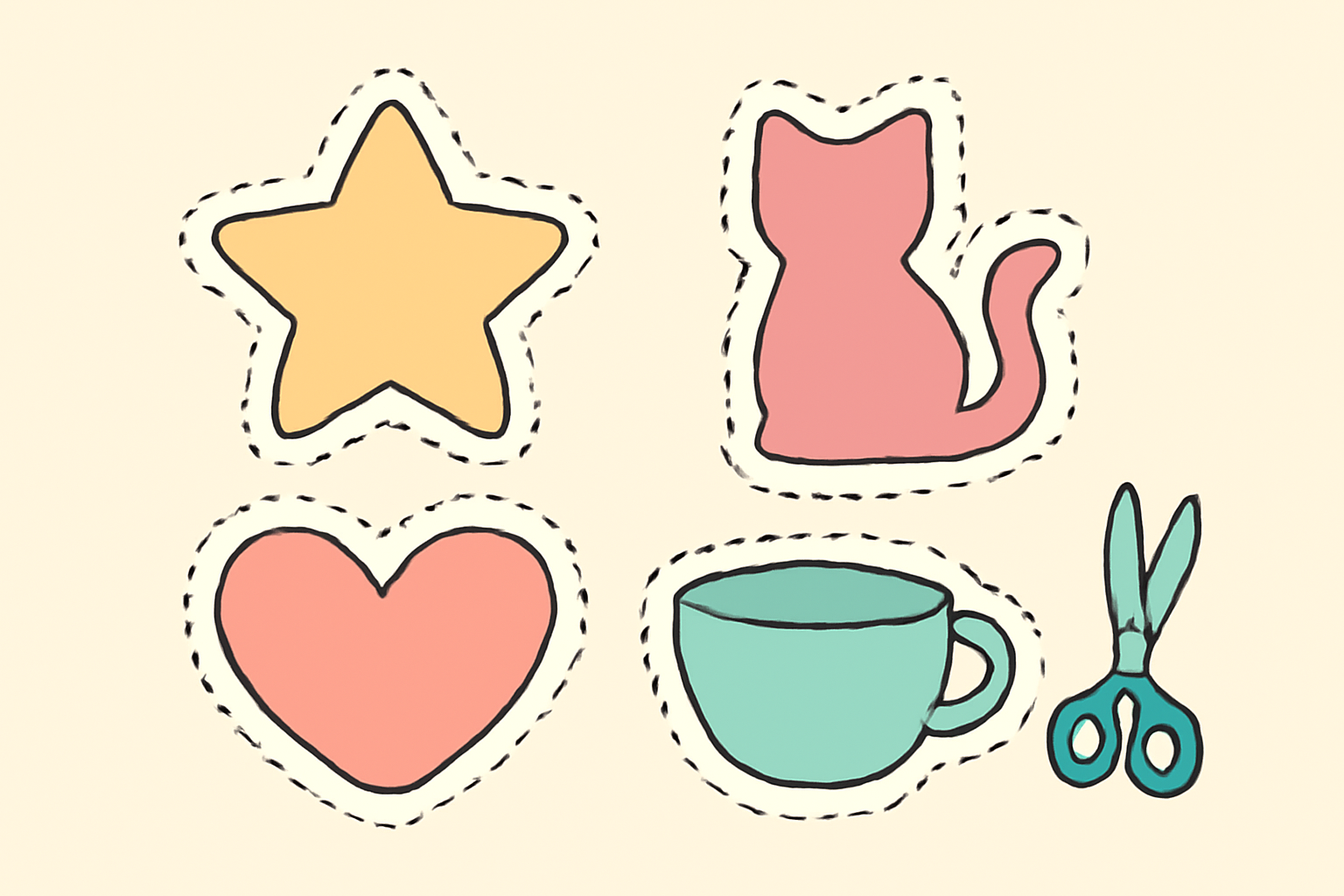 A set of die-cut stickers with white outlines and dashed cut lines