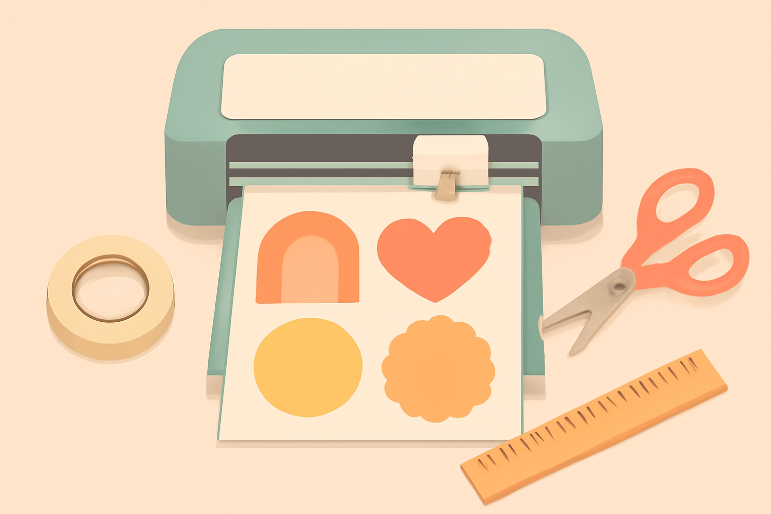 A printed sheet of shaped stickers next to scissors, a ruler and a cutting machine