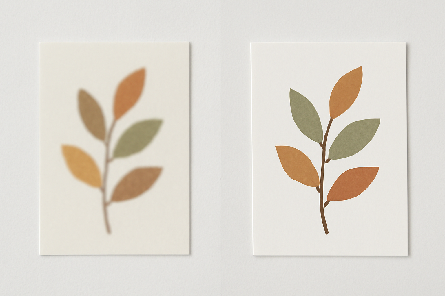 Two printed cards side by side, one soft and blurry, one sharp and crisp