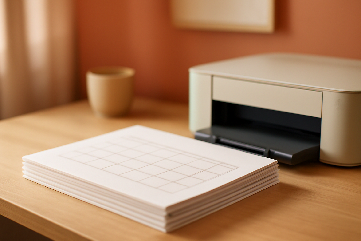 A stack of freshly printed calendar pages beside a home printer