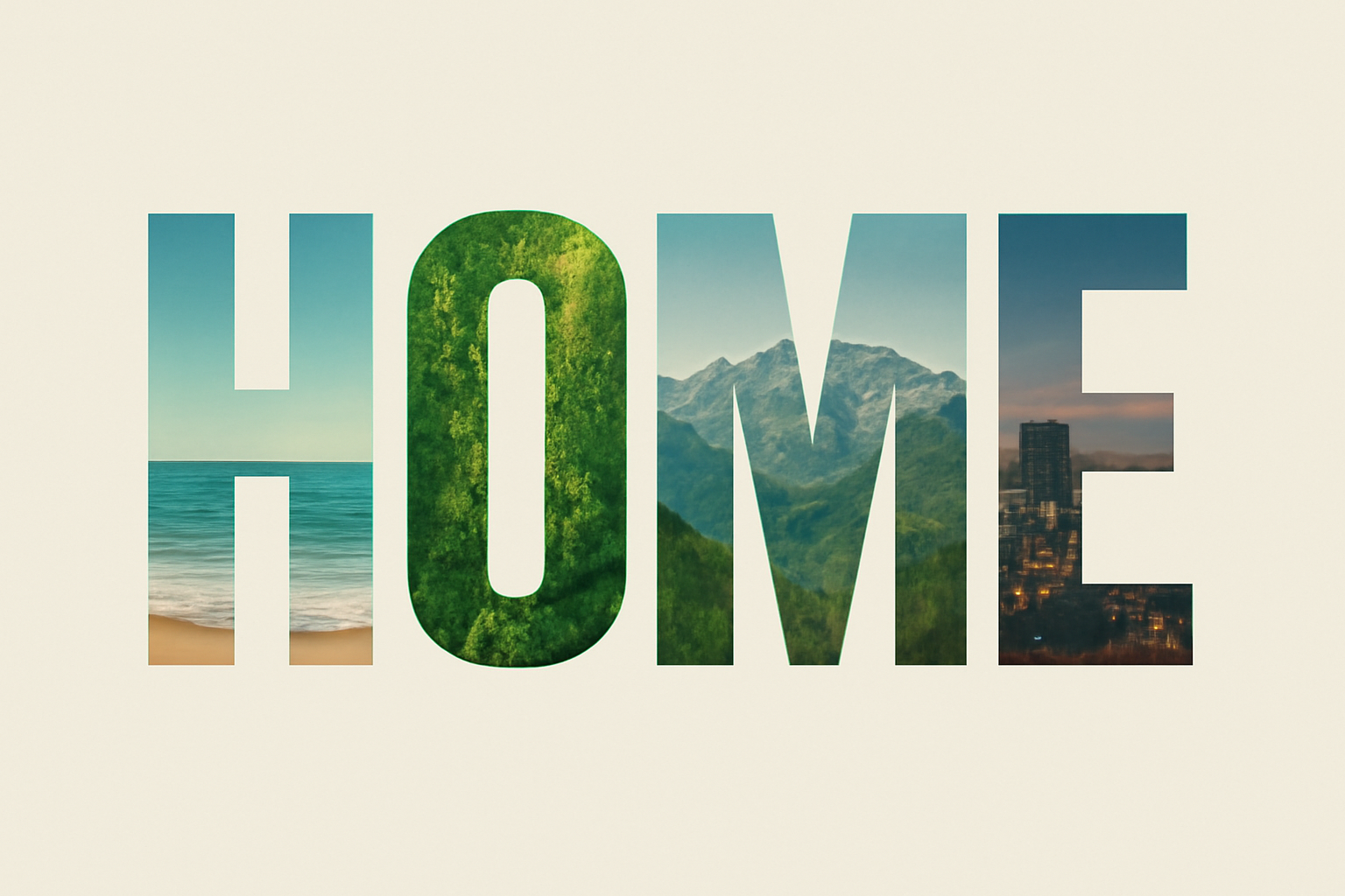 A bold HOME headline with each letter filled by a different landscape photo and even spacing