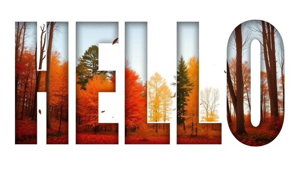 The word HELLO with an autumn forest photo showing through the letters — a classic knockout text effect