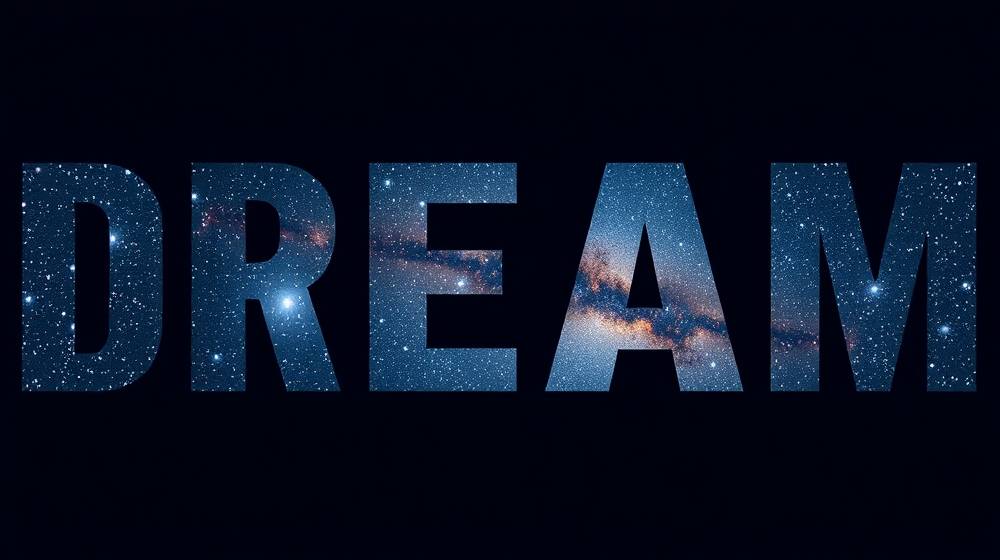 The word DREAM filled with a starry galaxy photo showing through the letterforms on a dark background