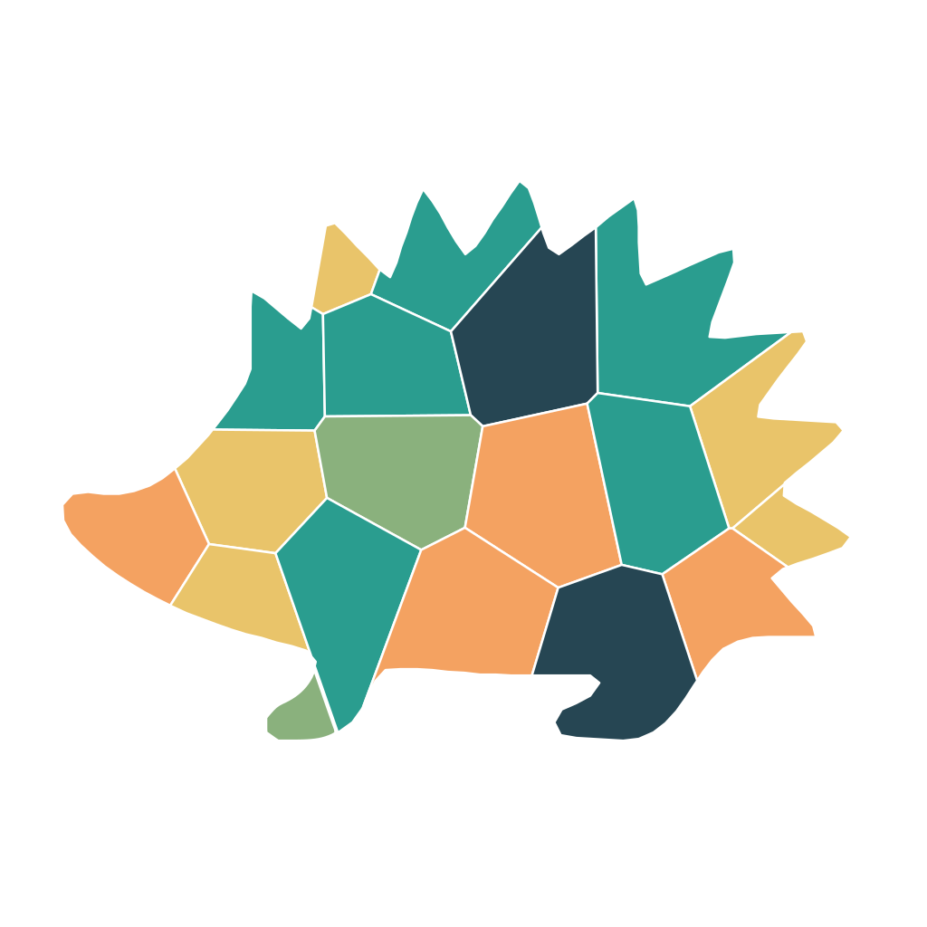 Hedgehog mosaic sticker divided into 19 coloured pieces in a forest palette