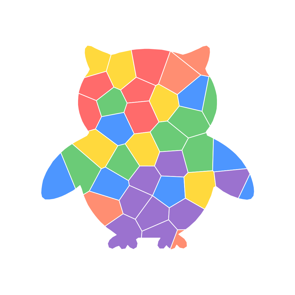 Owl mosaic sticker divided into 37 coloured pieces in a vibrant palette