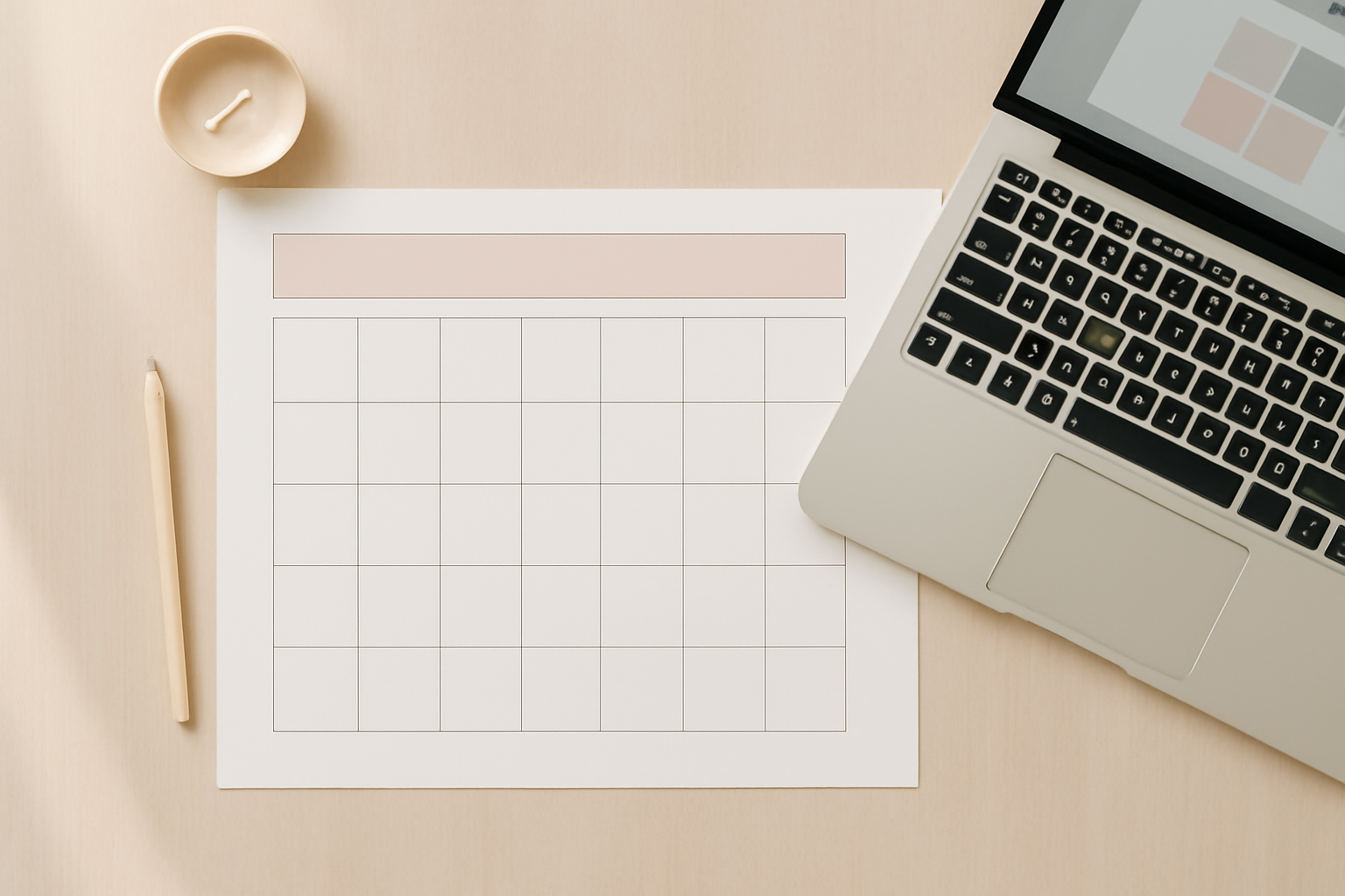 A blank printable monthly calendar on a desk next to a laptop