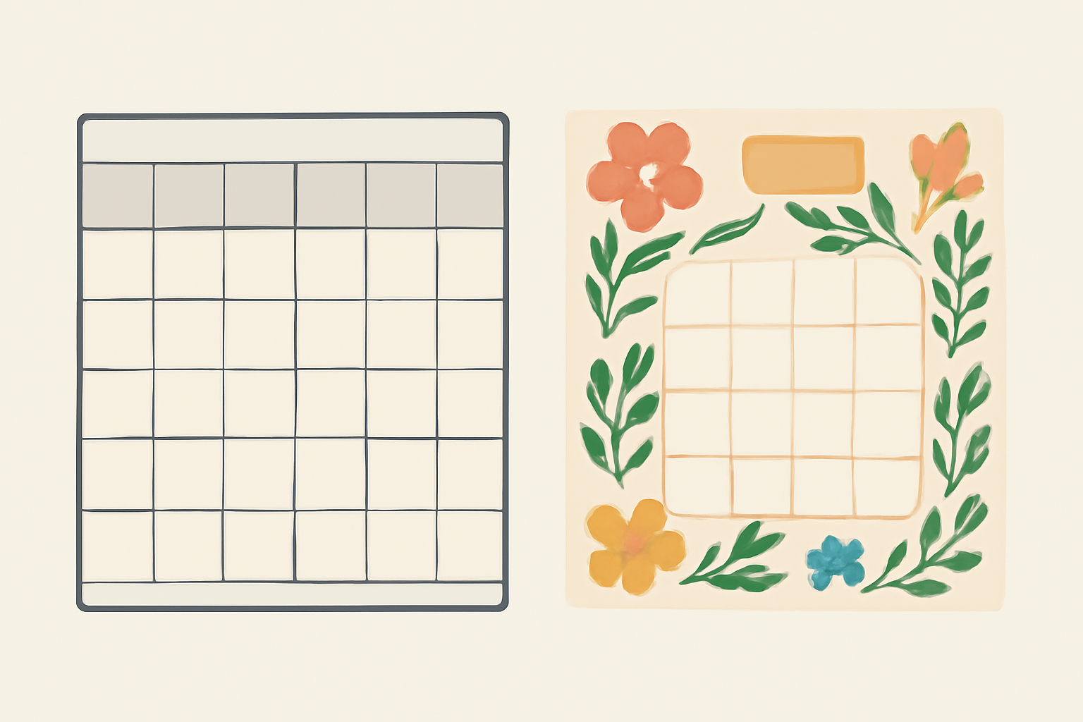 Plain spreadsheet-style calendar grid beside a decorated botanical calendar page